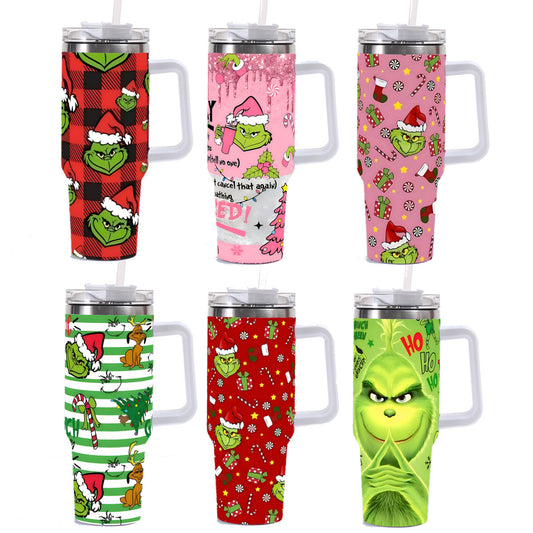 Christmas 2025 Grinch 40oz Insulated Tumbler with Handle and Straw Car Travel Mug Hot & Cold Stainless Steel Cup