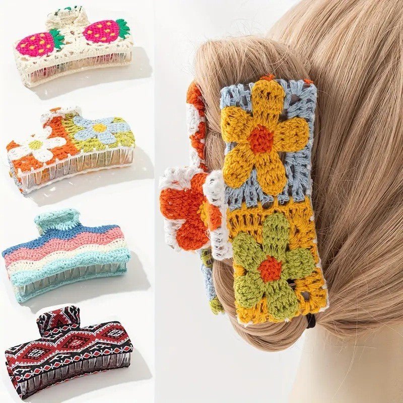 Crochet Flower Hair Claw Clip Strawberry Daisy Cottagecore Style Hair Accessory