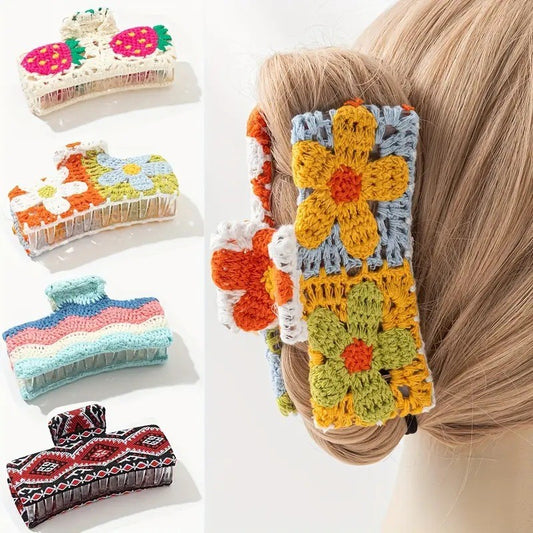 Crochet Flower Hair Claw Clip Strawberry Daisy Cottagecore Style Hair Accessory