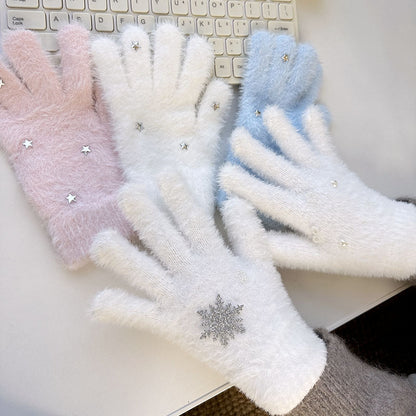 Winter Fluffy Star Gloves Soft Faux Mink Knit Warm Gloves for Parent-Child Matching & Cycling