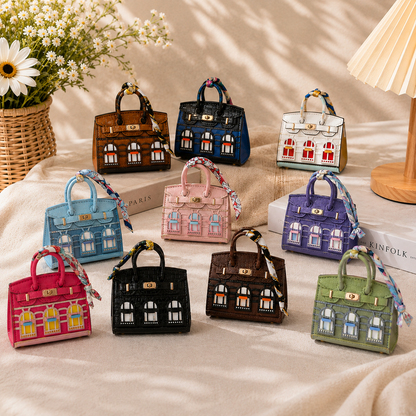 Mini House Bag Charm with Scarf – Faux Leather Coin Purse & Earbud Pouch