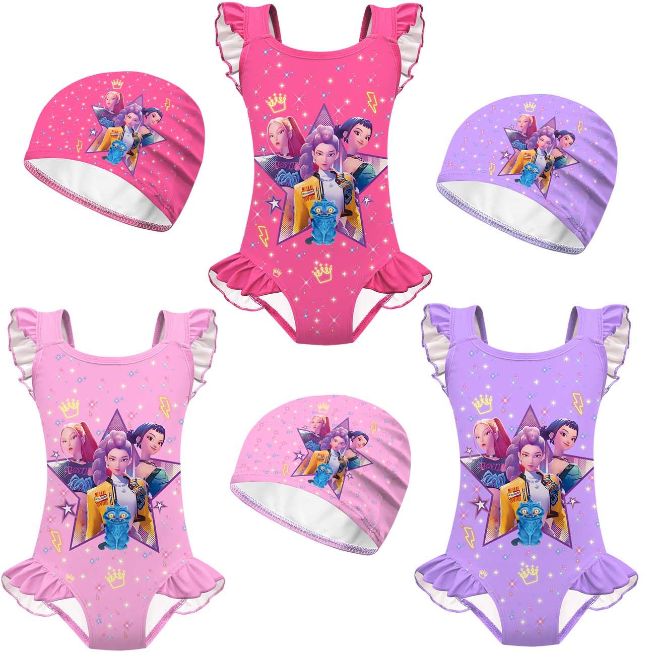 K-pop Demon Hunter Print Girls One-Piece Swimsuit Ruffles Swimwear