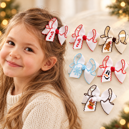 Girls Christmas Embroidered Hair Bow Clips with Scalloped Edges – Festive Grosgrain Ribbon Bows, Pack of 10
