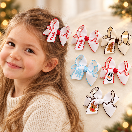 Girls Christmas Embroidered Hair Bow Clips with Scalloped Edges – Festive Grosgrain Ribbon Bows, Pack of 10
