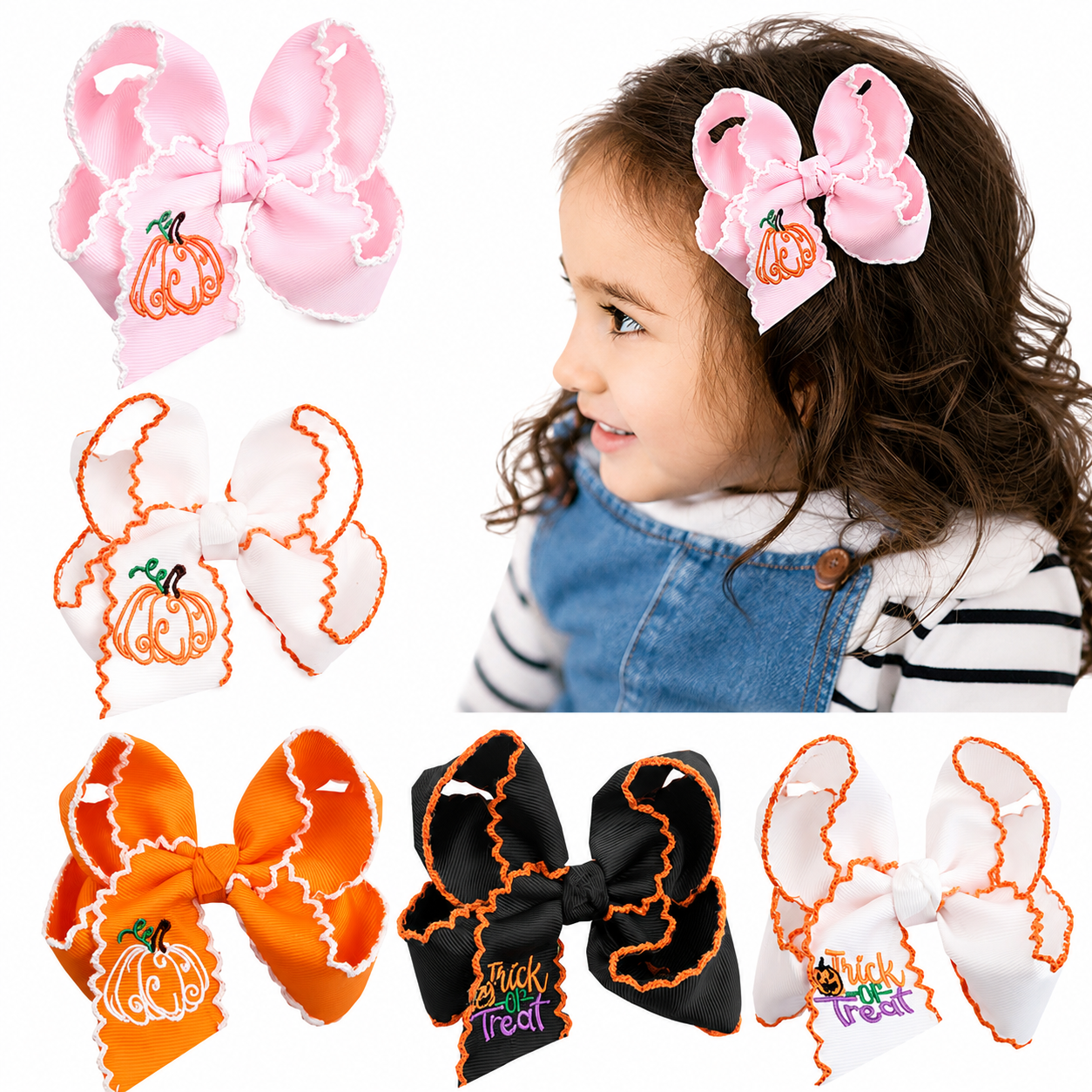 Halloween Pumpkin Embroidered Hair Bow Clips – Wavy Edge, 10 Pack
