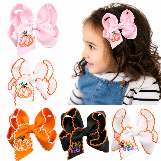 Halloween Pumpkin Embroidered Hair Bow Clips – Wavy Edge, 10 Pack