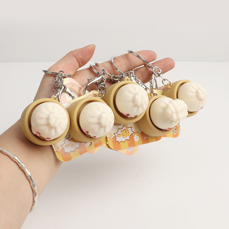 Simulation Steamed Bun Squishy Keychain Steamer Basket Emoji Bao Press Toy Pendant