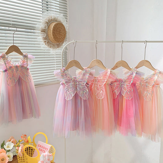 Girls Rainbow Tie-Dyed Butterfly Wing Tulle Cap sleeve Party Dress