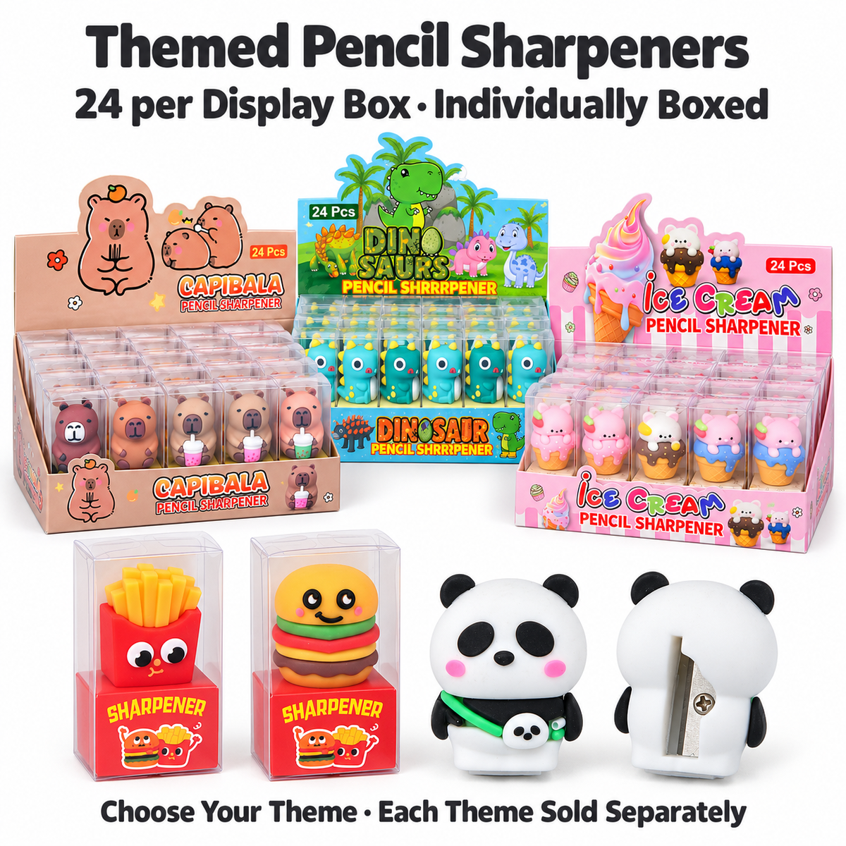 Cute Themed Pencil Sharpeners – 24-Piece Retail Display Box