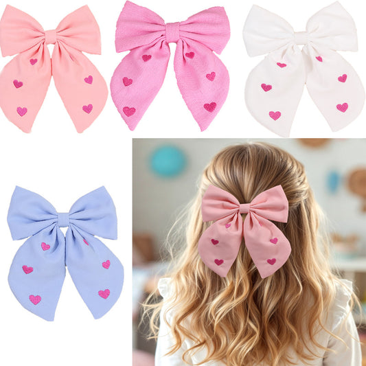 Valentine’s Day Pink Bow Streamer Hair Clip – Heart Embroidered Cotton Linen Ribbon Barrette