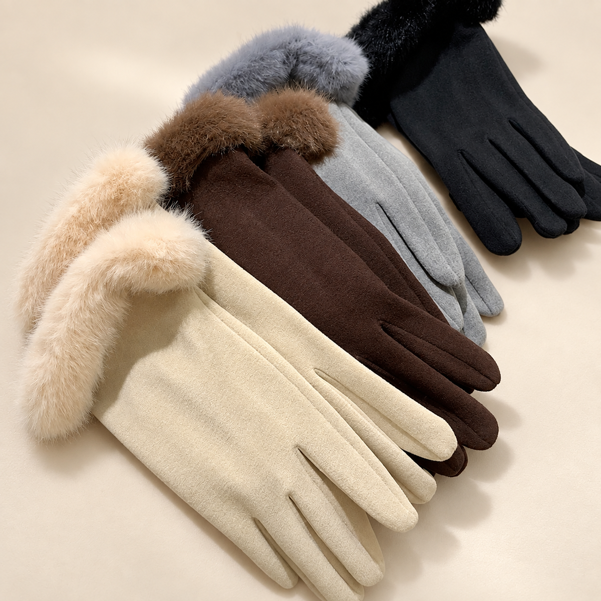 Women’s Touchscreen Winter Gloves with Faux Rabbit Fur Cuffs & Warm Fleece Lining