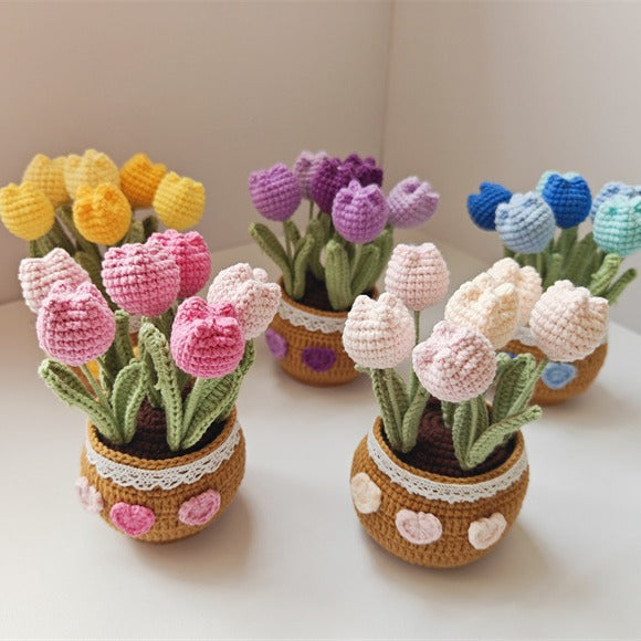 Handmade Knitted Tulip Pot – Crochet Yarn Flower Desk Decor Gift