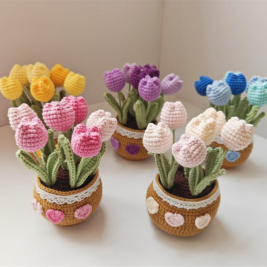 Handmade Knitted Tulip Pot – Crochet Yarn Flower Desk Decor Gift