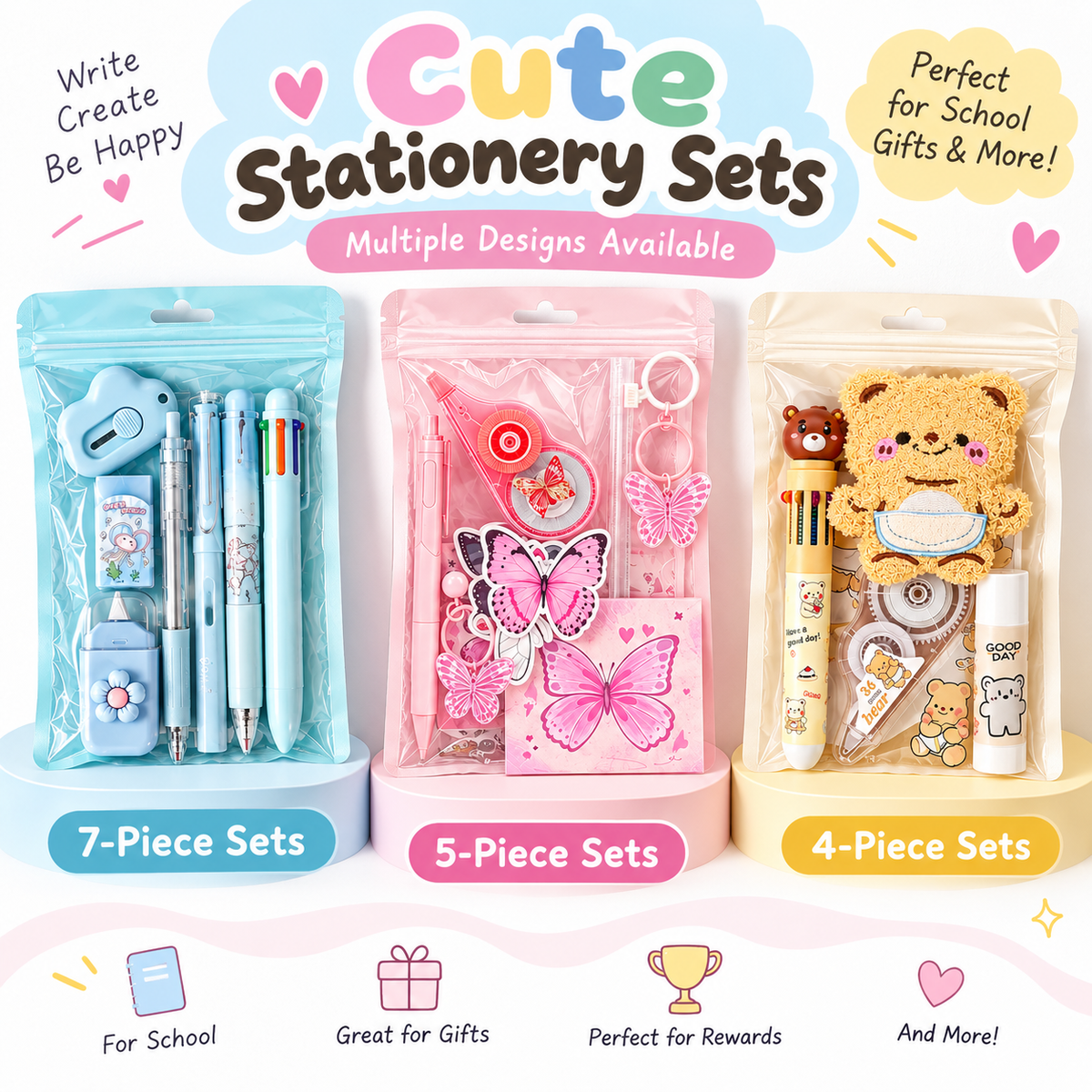 Cute Stationery Gift Sets – 4, 5 & 7-Piece School & Office Supplies