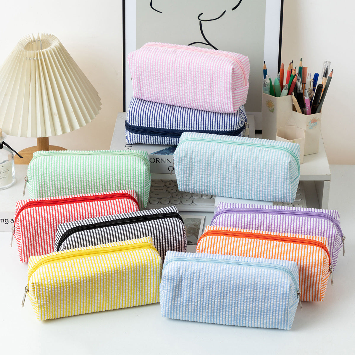 Seersucker Striped Makeup Pouch Travel Toiletry Bag Pencil Case