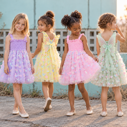 Girls Butterfly Wing Tulle Dress Smocked Spaghetti Strap Party Dress