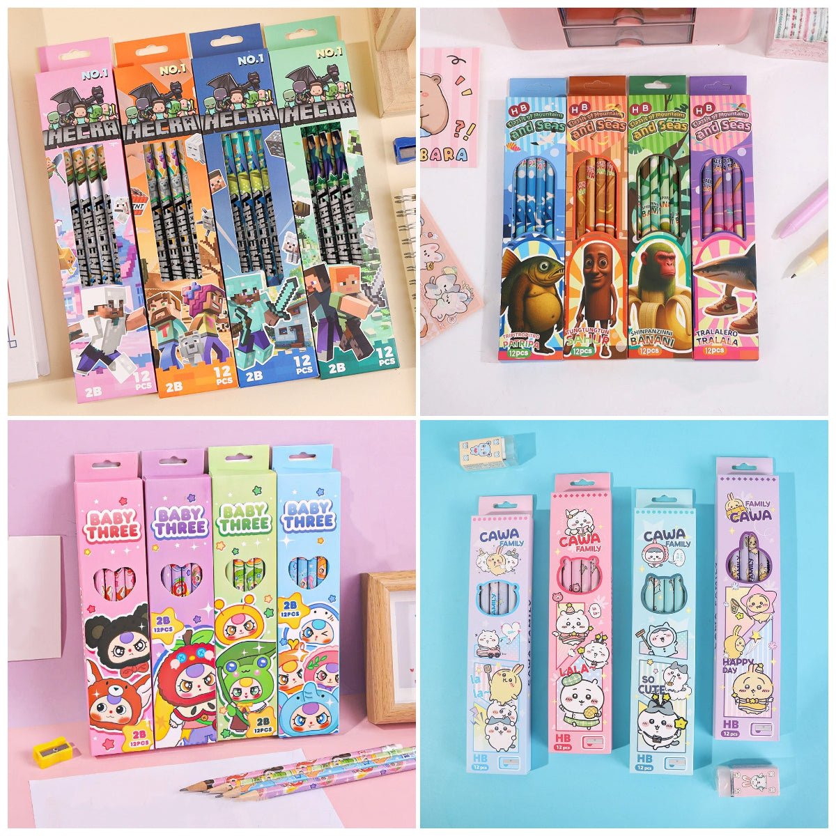 12pcs Cartoon Character 2B Pencils Set Sketching, Drawing & Writing Pencil Set