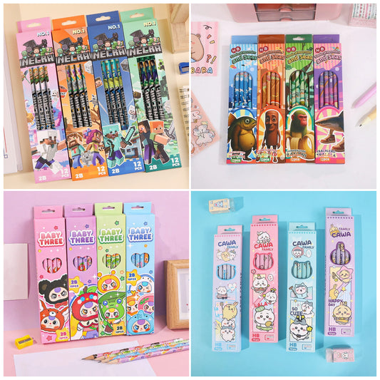 12pcs Cartoon Character 2B Pencils Set Sketching, Drawing & Writing Pencil Set