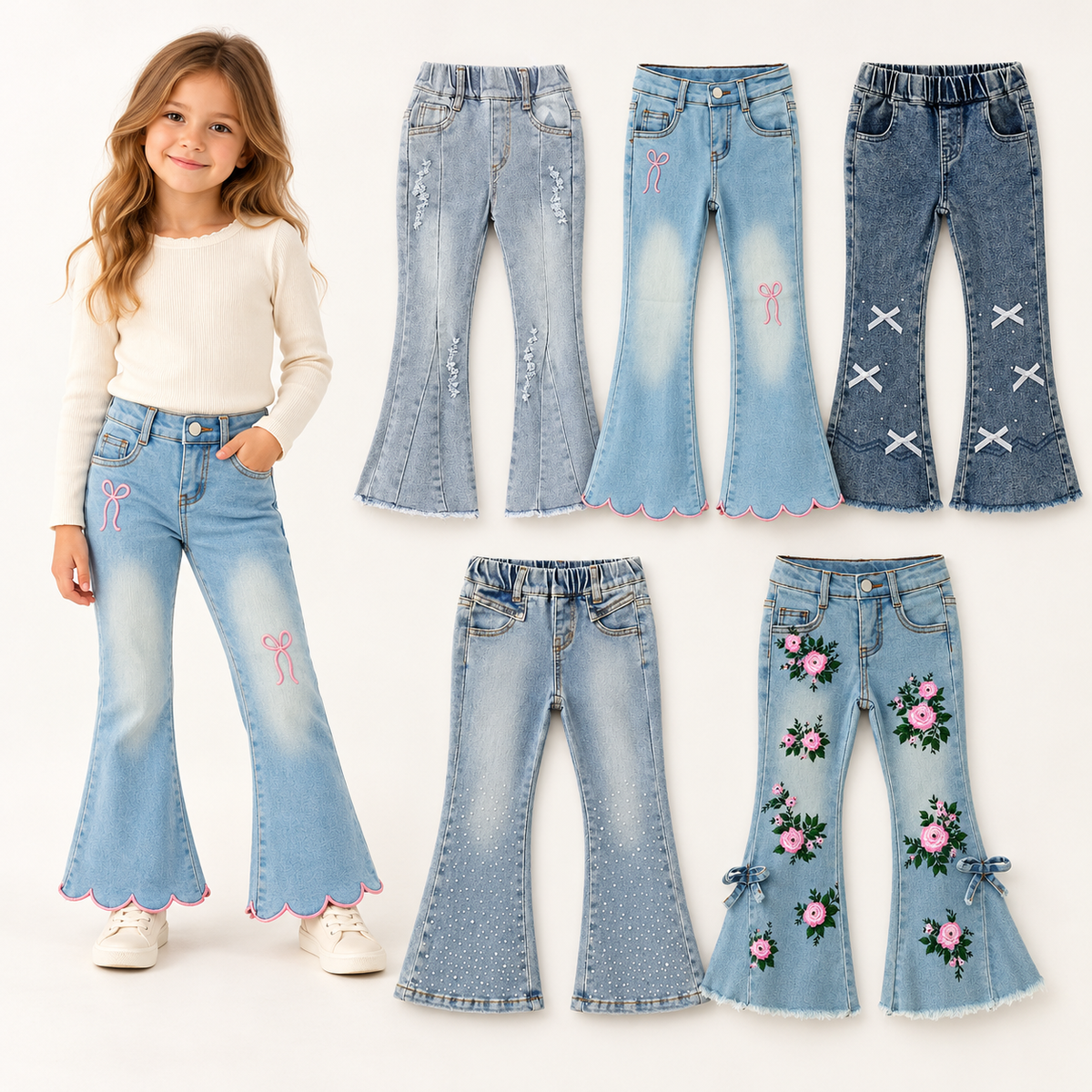 Girls Flare Jeans – Boutique Denim Bell Bottom Pants with Bow, Floral, Rhinestone & Distressed Details