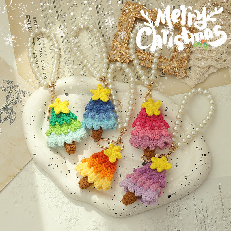 Christmas Gift Crochet Knitted Pearl Keychain Ornament Christmas Tree Shaped Decoration