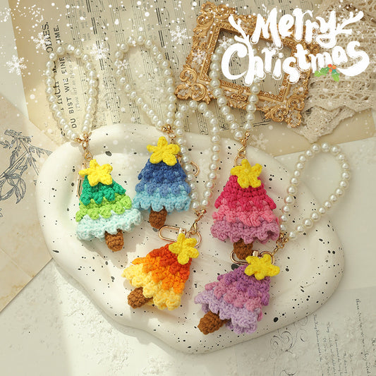 Christmas Gift Crochet Knitted Pearl Keychain Ornament Christmas Tree Shaped Decoration