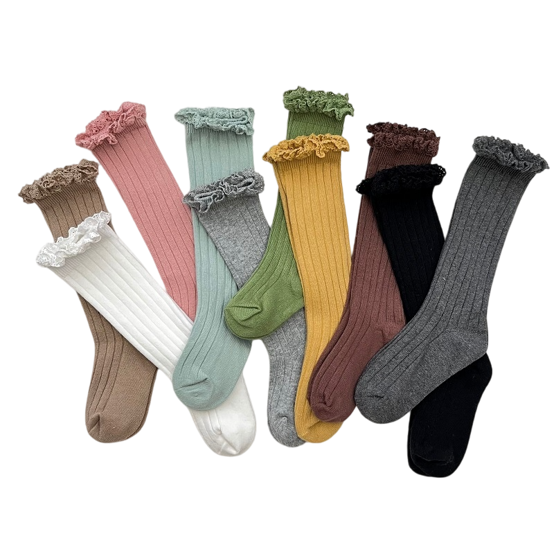 Kids Solid Color Mid-Calf Socks Combed Cotton Lace Trim Frilly Socks Spring & Autumn Wear