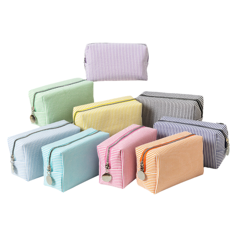 Seersucker Striped Makeup Pouch Travel Toiletry Storage Bag