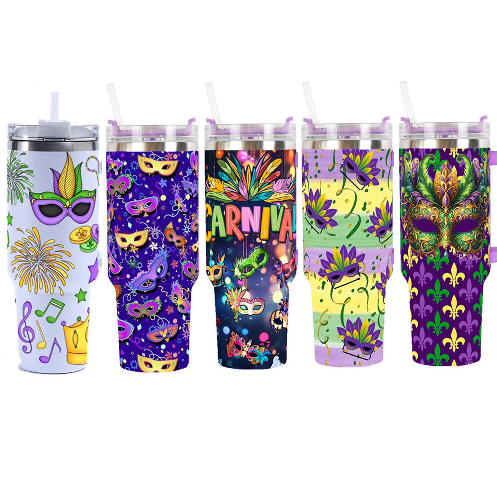 2026 Spring Mardi Gras 40oz Stainless Steel Tumbler Insulated Car Cup with Flat Bottom