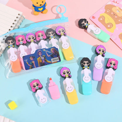 K-POP Demon Hunters Smile Mini Highlighters – 6-Pack Creative Cartoon Doodle Markers