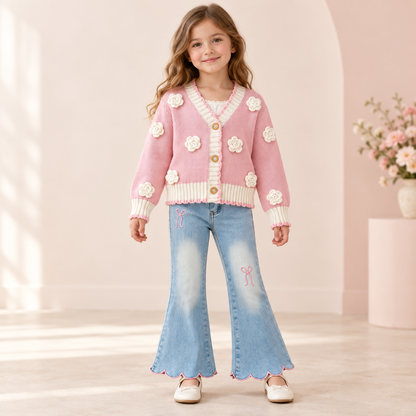 Girls Floral Knit Cardigan – 3D Crochet Flower Button-Up Sweater with Contrast Ribbed Trim
