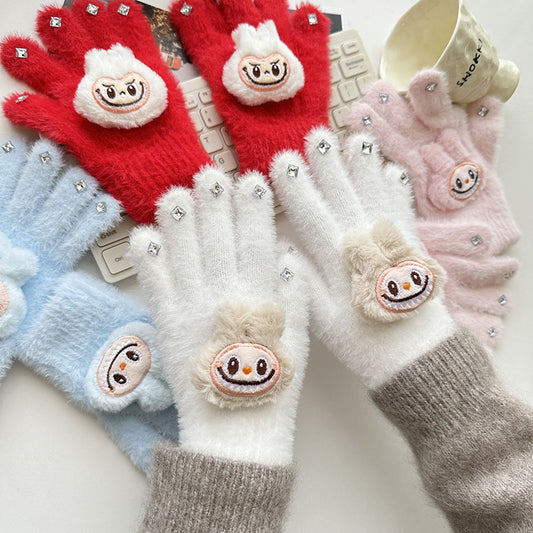 Winter Knit Gloves with Plush Doll Decoration Warm Fuzzy Rhinestone Finger Gloves for Parent Child Matching