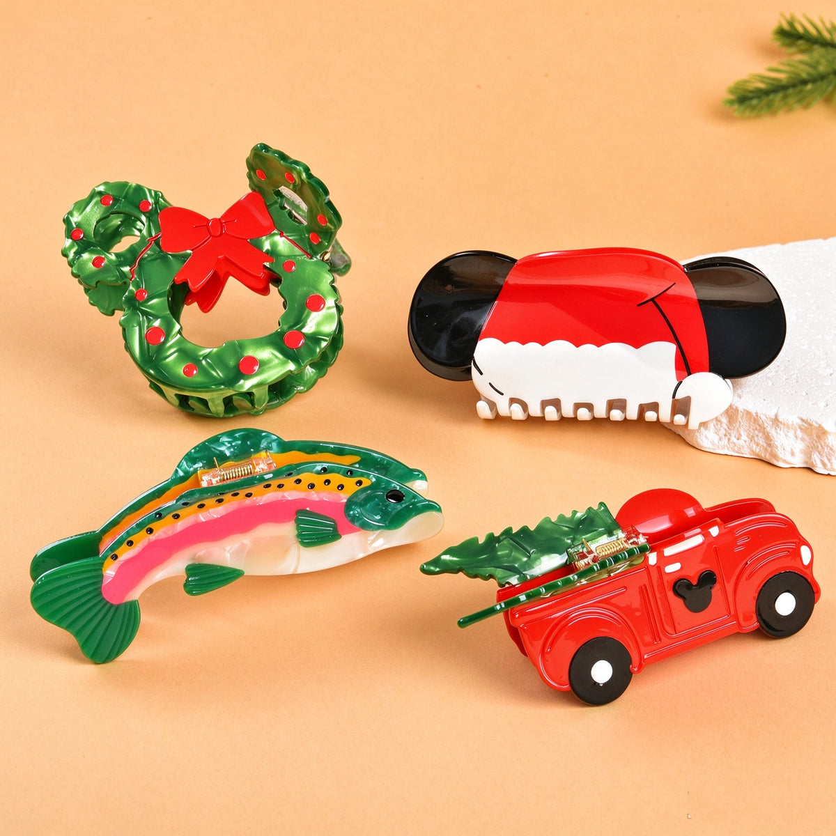 Acetate Hair Claw Clips – Christmas Wreath, Santa Hat, Holiday Truck & Colorful Fish Styles, Everyday Hair Accessories & Gifts