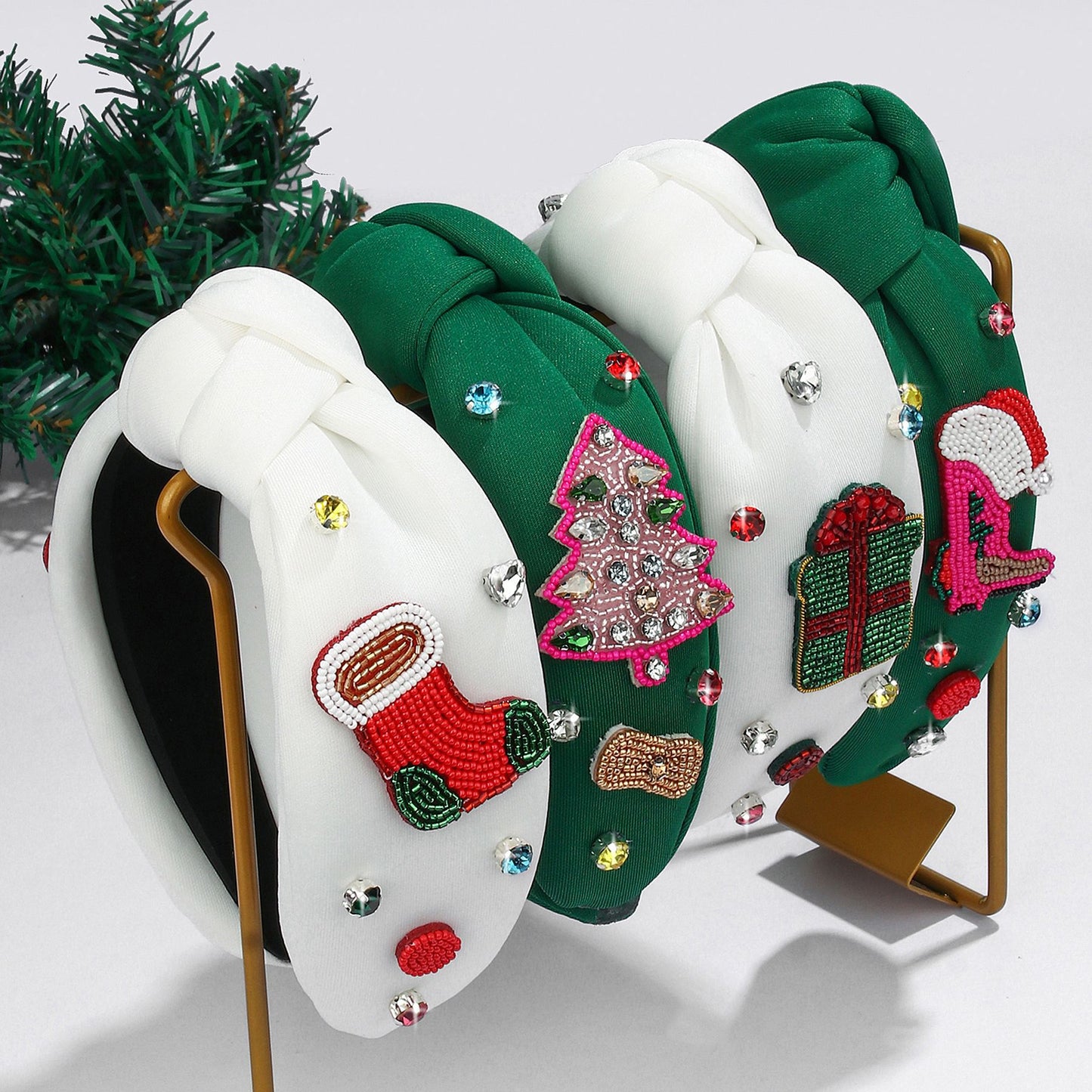 2025 Christmas Handmade Beaded Headband Seed Bead Hairband with Rhinestones Knot Headband Holiday Hair Accessory