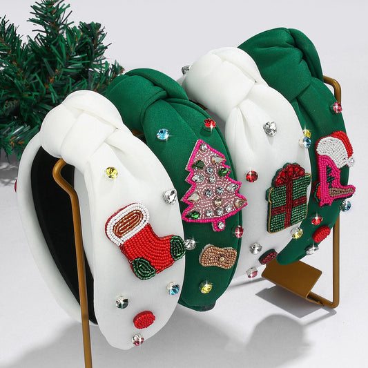 2025 Christmas Handmade Beaded Headband Seed Bead Hairband with Rhinestones Knot Headband Holiday Hair Accessory