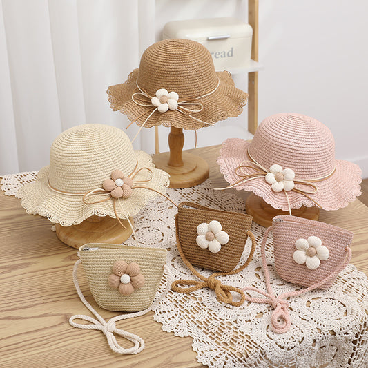 Kids Straw Sun Hat & Woven Bag Set Spring Summer Foldable Beach Hat Floral Button Detail