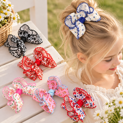 Embroidered Scalloped Edge Hair Bows – Floral Farmhouse Bow Hair Clips, 10-Pack