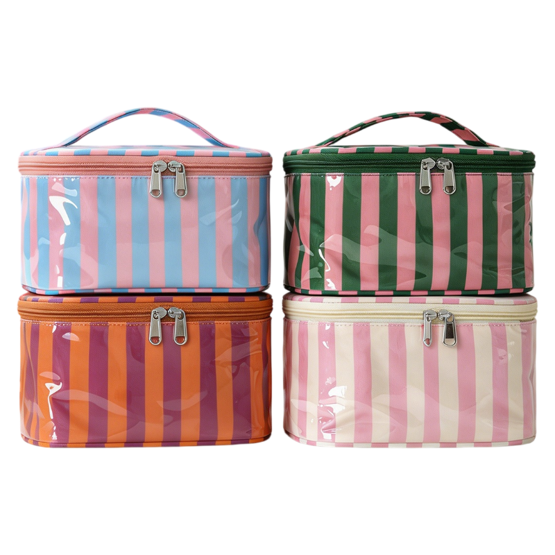 PVC Striped Waterproof Clear Cosmetic Bag Makeup Travel Toiletry Organizer Carry Pouch