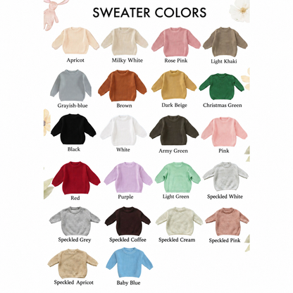 Personalized Name Knit Sweater for Babies & Kids – Custom Yarn Embroidery with Optional Crochet Decorations