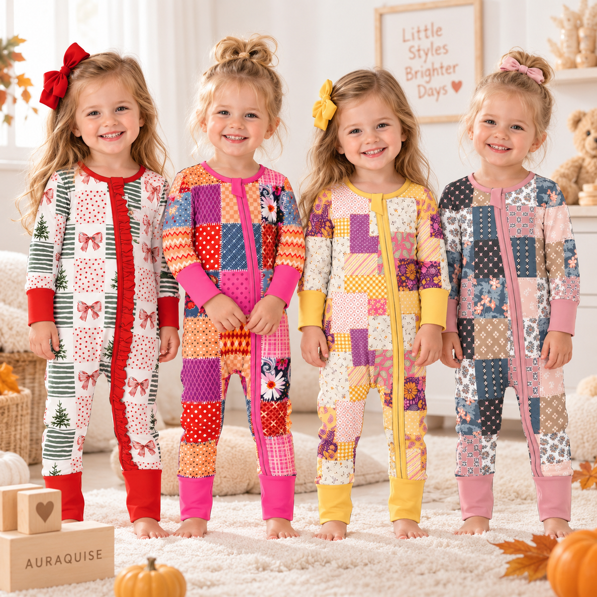 Girls Patchwork Print Ruffle Zip Romper – Colorful Long Sleeve One-Piece Outfit