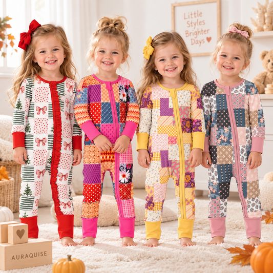 Girls Patchwork Print Ruffle Zip Romper – Colorful Long Sleeve One-Piece Outfit