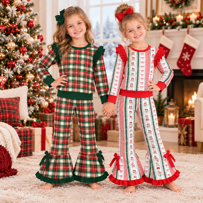 Girls Christmas Plaid Ruffle Pants Set – Holiday Santa Print Long Sleeve Bell Bottom Outfit