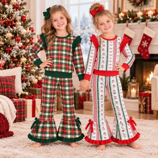 Girls Christmas Plaid Ruffle Pants Set – Holiday Santa Print Long Sleeve Bell Bottom Outfit
