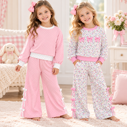 Girls Fall Winter Bow Detail Two-Piece Outfit – Pink Polka Dot & Floral Print Long Sleeve Top with Wide Leg Pants Set