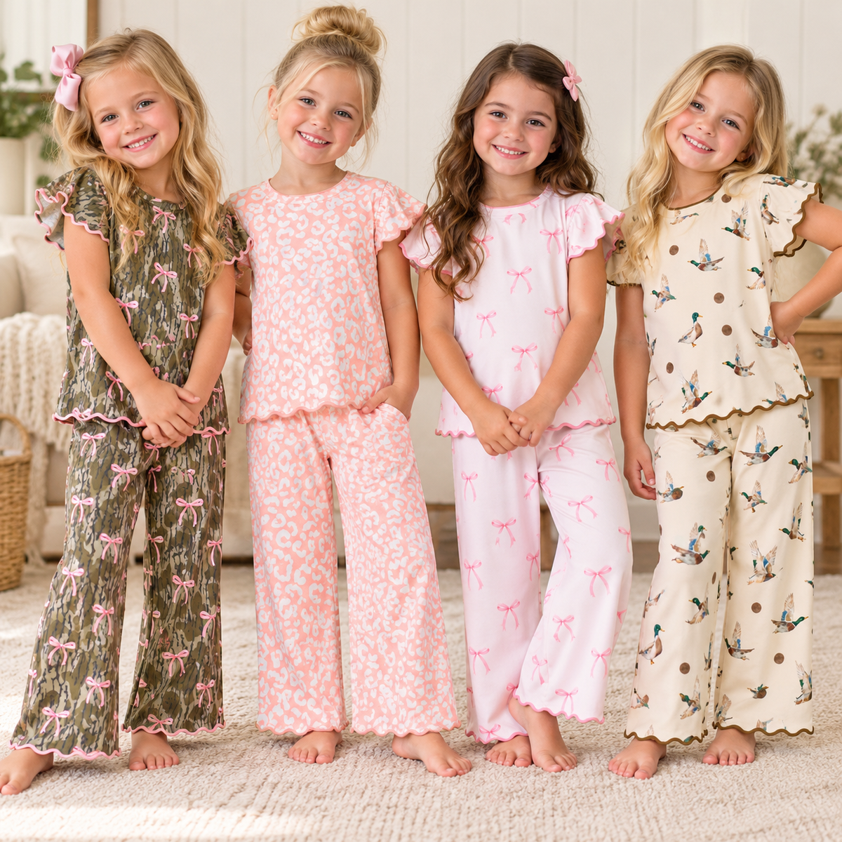 Girls Embroidered Scalloped Edge 2-Piece Outfit Set – Ruffle Short Sleeve Top & Wide Leg Pants, Pink Bow, Leopard, Camo & Duck Print