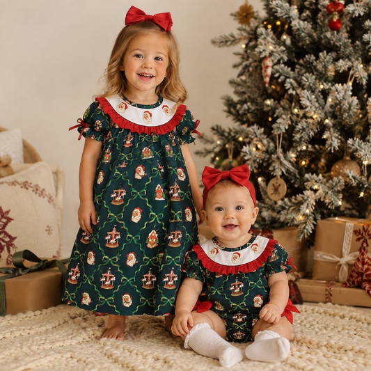 Christmas Smocked Embroidery Sister Matching Outfits – Girls Holiday Dress & Baby Bubble Romper