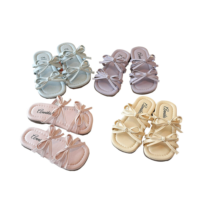 Girls' Sandals With Bow Design Soft Slip-On Slides In Past