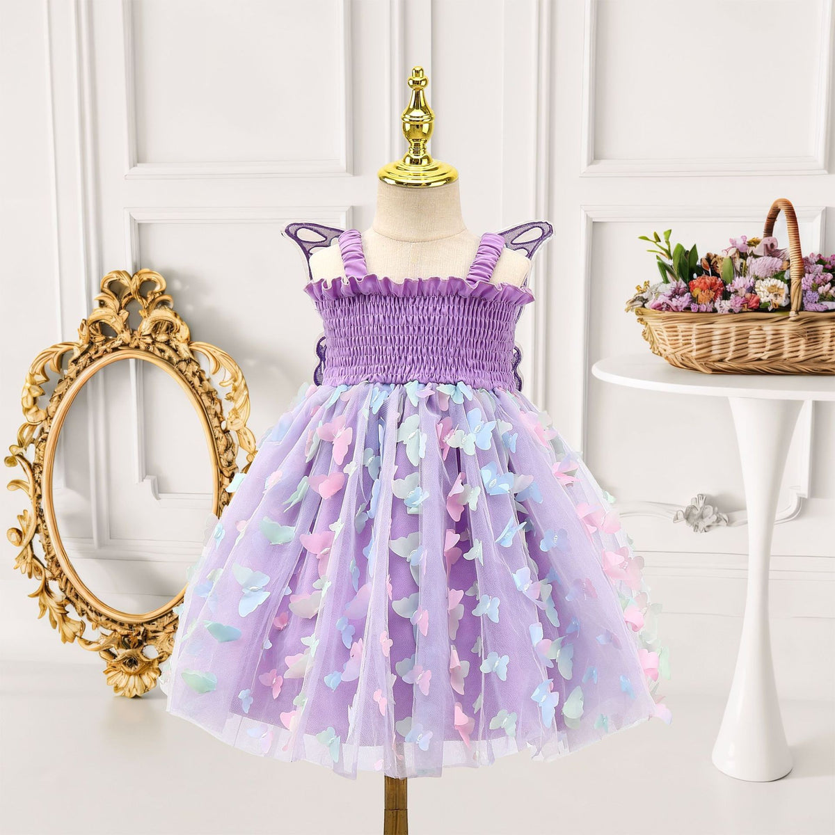 Girls Butterfly Wing Tulle Dress Smocked Spaghetti Strap Party Dress