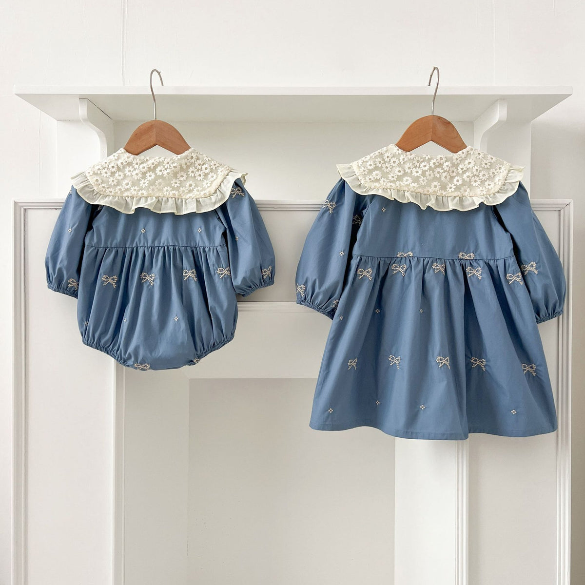 Girls Blue Bow Print Dress & Baby Romper – Lace Collar Sister Matching Outfit