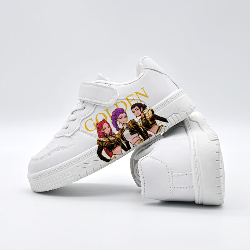 K-Pop Demon Hunter Girl Print Kids Velcro Sneakers Casual White Shoes