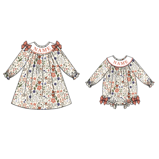 Girls Fall Custom Name Embroidery Smock Floral Dress & Bubble